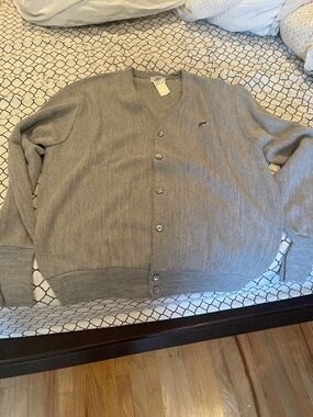 VINTAGE Lacoste Men's Light Gray V-Neck Button Cardigan